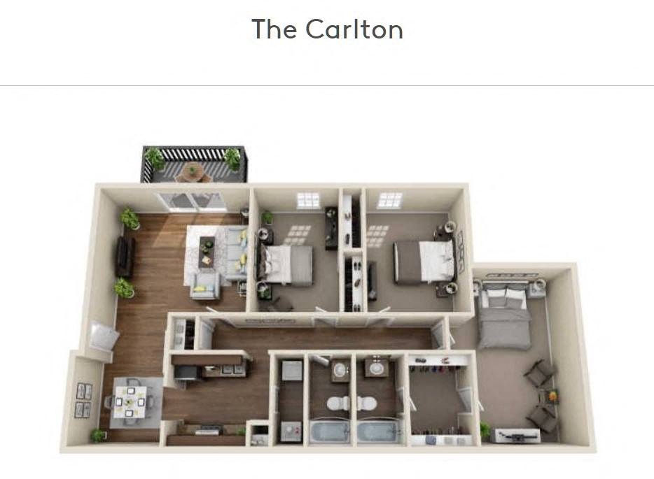 Floor plan for 3 beds, 2 baths, 1140 sqft